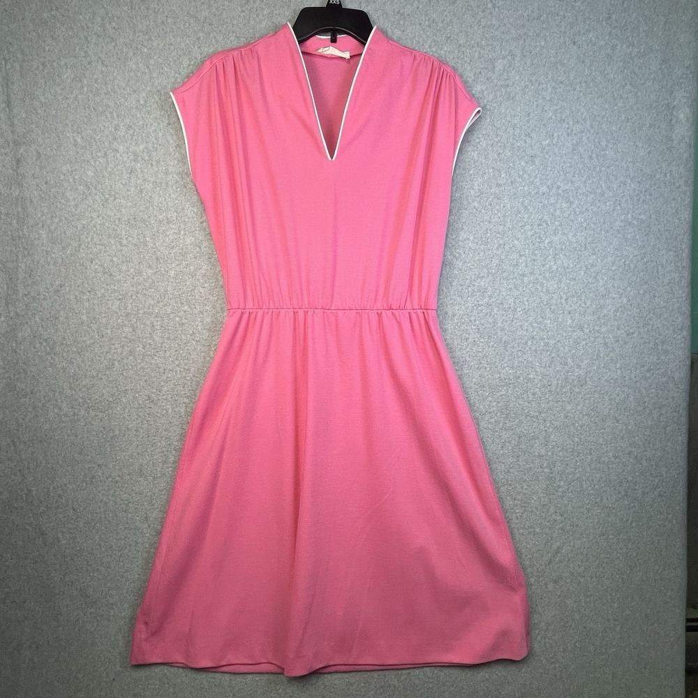 Marchionda of California Dress Women's 12 Pink‎ White Trim V-Neck 70s Vintage